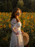Linen Maxi Dress, Balloon Sleeve, Shawl Collar, Floral, Vintage, White