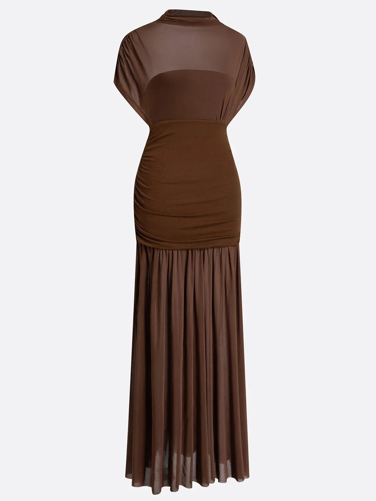 Brown Wool Lyocell Ruched Mesh Knit Mock Neck Sleeveless A-Line Maxi Dress