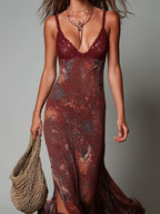 Boho Lace Splicing Leopard Print Hem Slit Maxi Dress