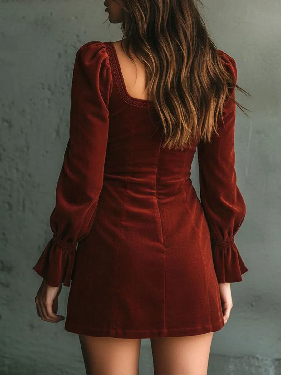 Vintage Rust Red Square Neck Embroidered Button-Front Mini Dress