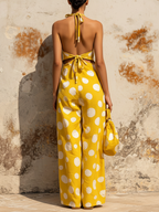 Yellow Polka Dot Halter Wide-Leg Jumpsuit