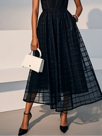 Black Organza Mesh Plaid Classic Crew Neck Sleeveless A-Line Midi Dress