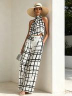 Abstract Grid Print Halter Two-Piece Set | Modern Wide-Leg Co-Ord For Women