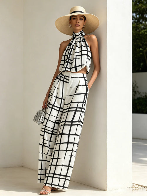Abstract Grid Print Halter Two-Piece Set | Modern Wide-Leg Co-Ord For Women