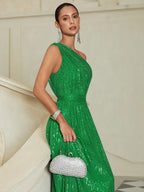 Green One Shoulder Sleeveless A-Line Gown  Sequin Dress