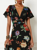 Black Floral Chiffon V Neck Short Sleeve Bell Sleeve A-Line Midi Dress