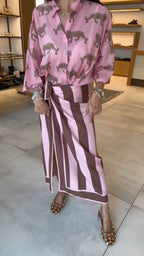 Tiger Print Shirt & Stripe Wrap Midi Skirt Two Piece Set