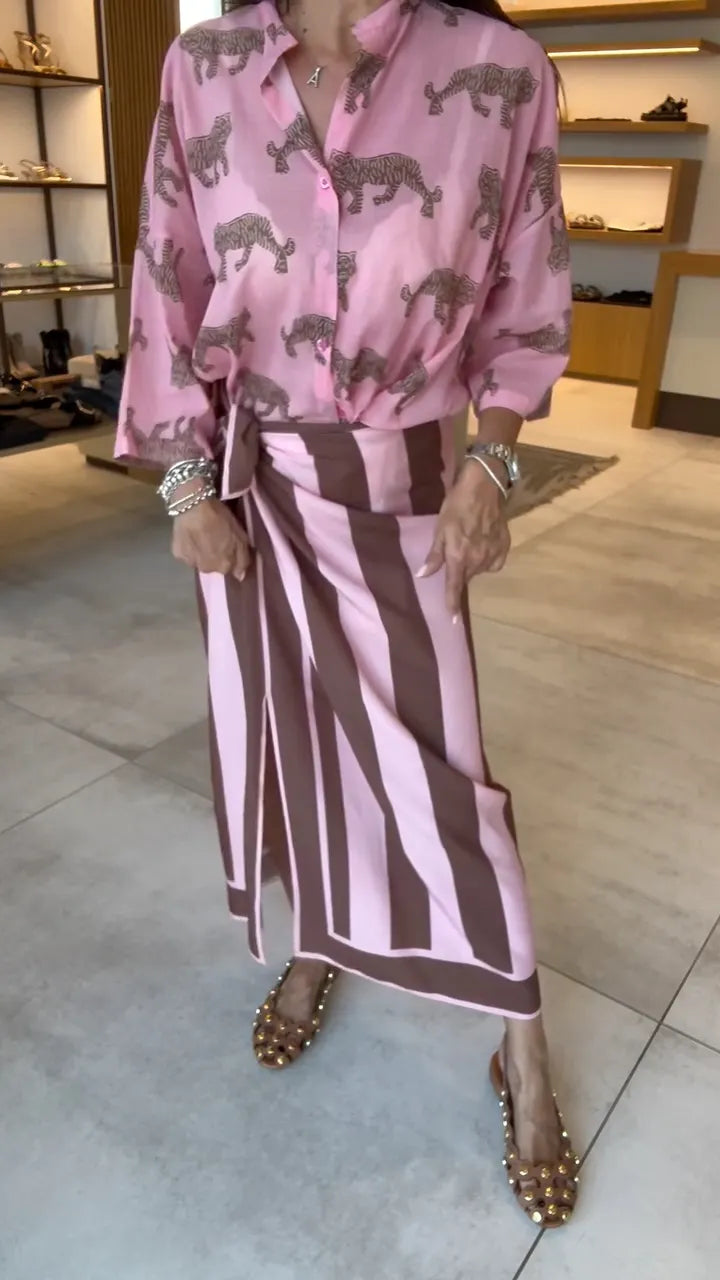 Tiger Print Shirt & Stripe Wrap Midi Skirt Two Piece Set