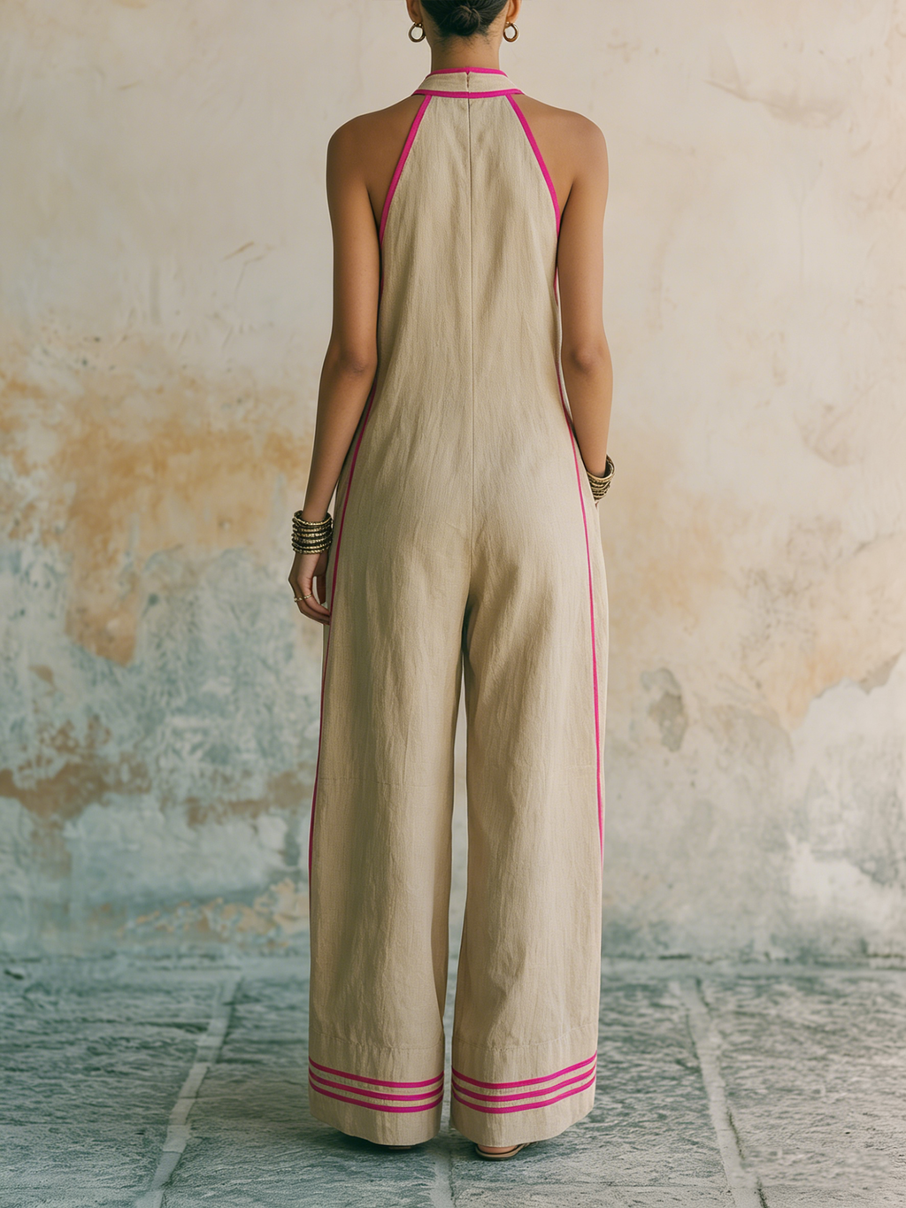 Neon Pink Trim Halter Neck Linen Jumpsuit | Relaxed Fit Wide Leg Vacation Overall