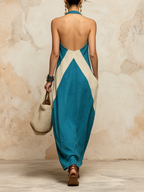 Boho Halter Neck Color Block Maxi Dress | Relaxed Fit Linen Vacation Dress