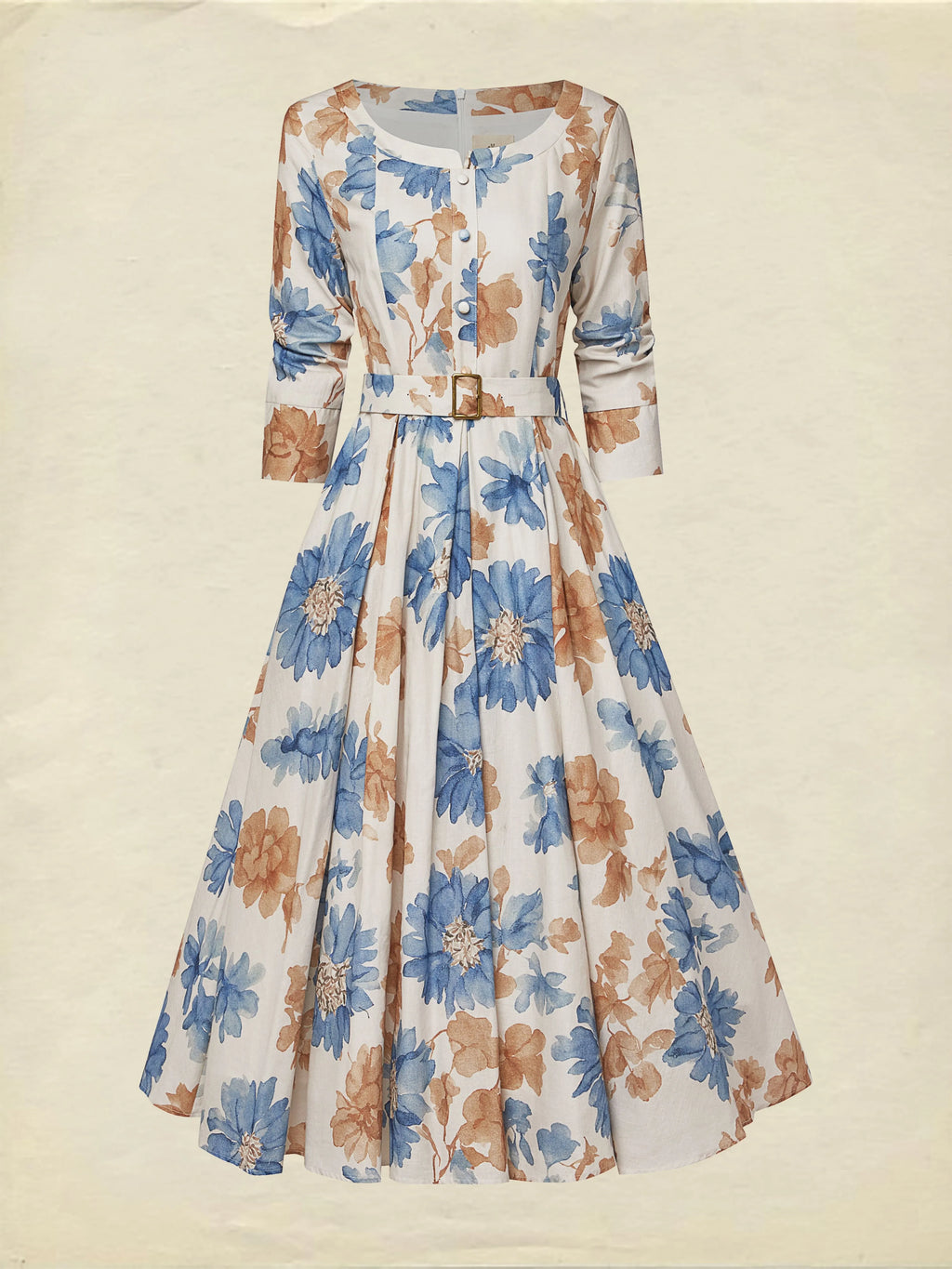 Midi Cotton Dress, Half Sleeve, Round Neck, Floral, Belt Design, Vintage, Khaki