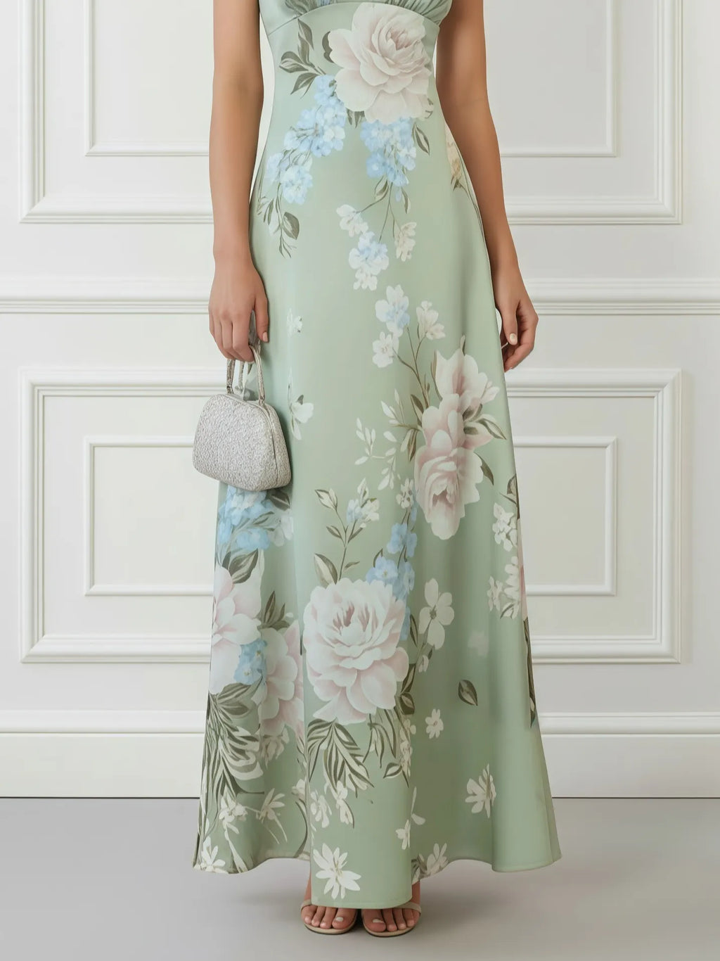 Light Green Floral Satin Mock Neck Sleeveless A-Line Maxi Dress
