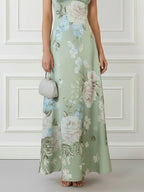 Light Green Floral Satin Mock Neck Sleeveless A-Line Maxi Dress