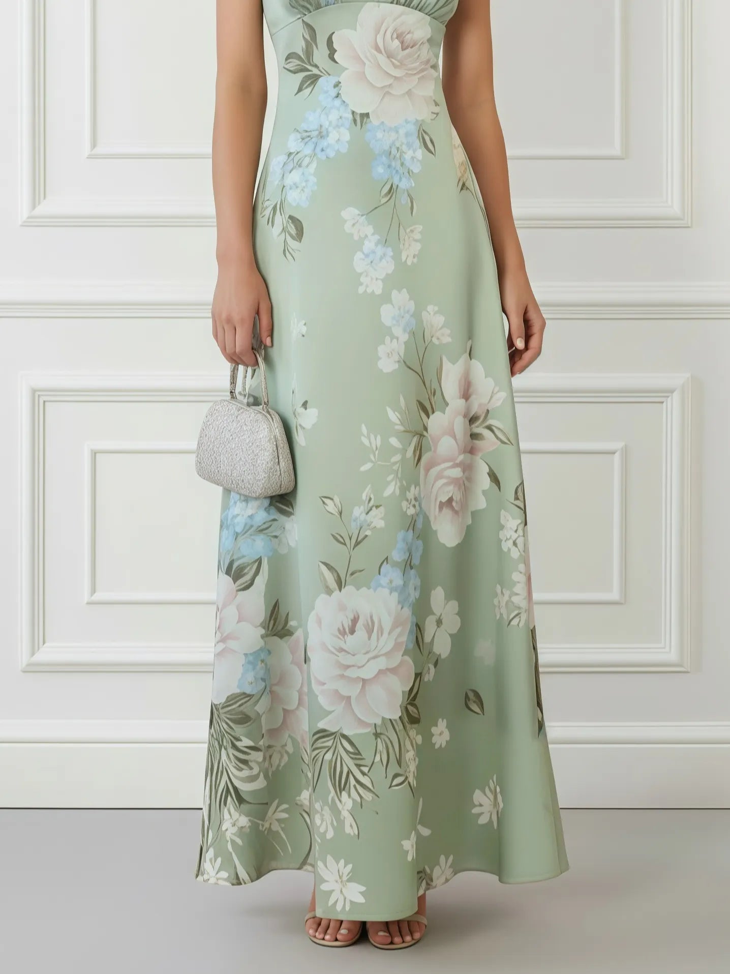 Light Green Floral Satin Mock Neck Sleeveless A-Line Maxi Dress