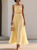 Orange Hollow Out Pleated Chiffon Crew Neck Sleeveless A-Line Maxi Dress