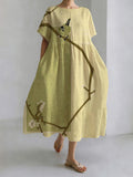 Japanese Style Magpie Perched On A Tree Branch Round Neck Casual Dress