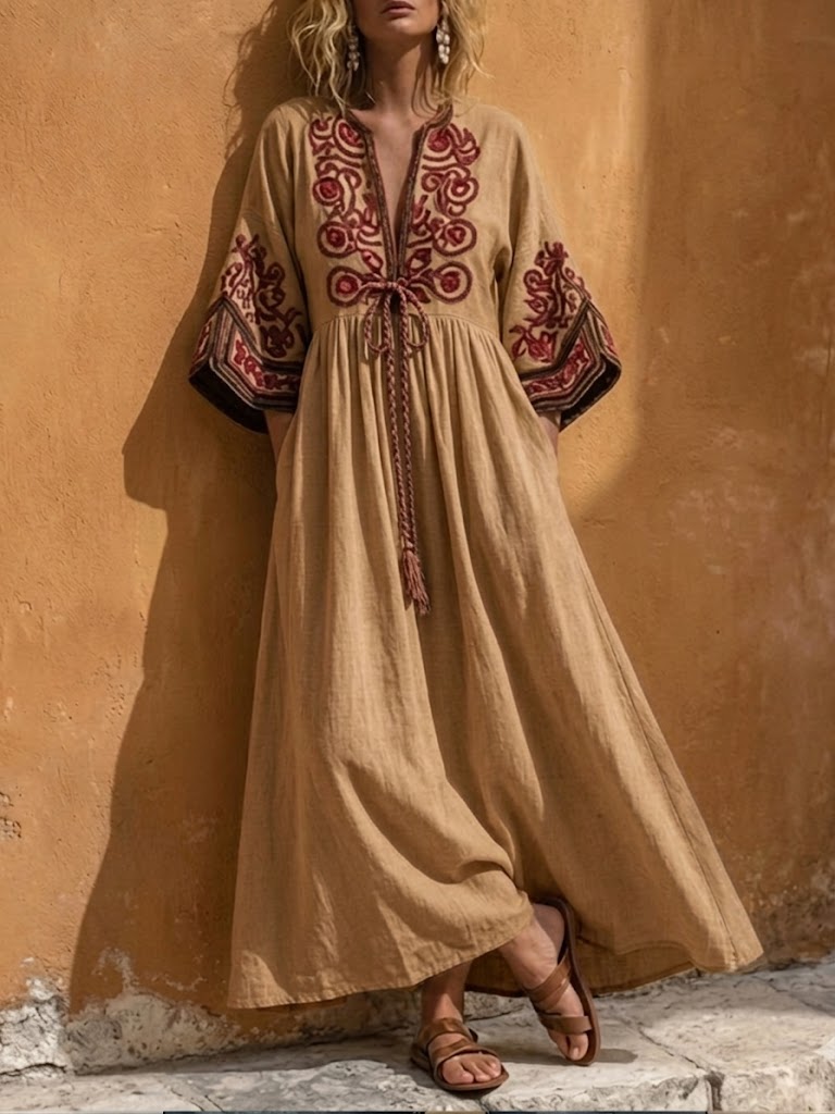 Bohemian Artistic Pattern Linen And Cotton Dress