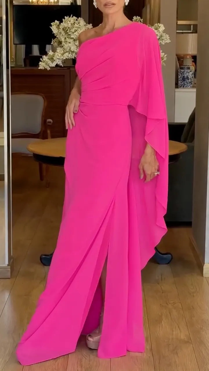 One Shoulder Cape Drape Chiffon Maxi Gown