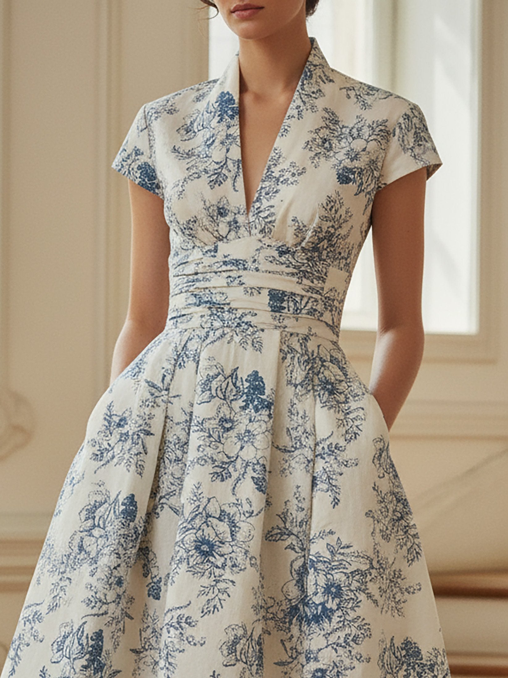 Midi Linen Dress, Short Sleeves, V Neck, Floral, Vintage, Blue