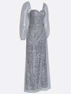 Silver Gray Buckle Sequin Sweetheart Neckline Long Sleeve Sheath Maxi Dress