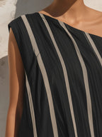 Black & Beige Striped One-Shoulder Maxi Dress