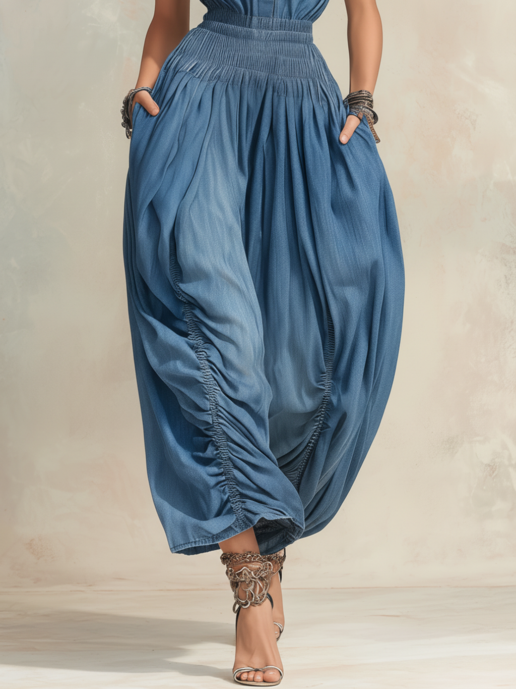 Blue Denim Smocked Waist Ruched Harem Jumpsuit