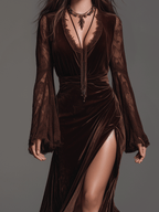 Romantic Lace-Sleeve Velvet Boho Maxi Dress