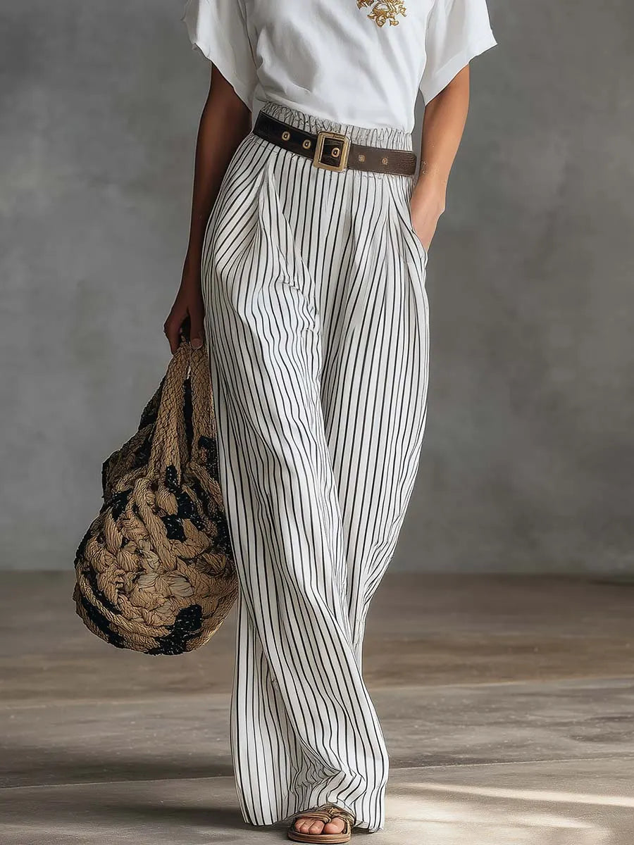 Casual Western-Style White Asymmetrical Cotton T-Shirt And Striped Pants Set