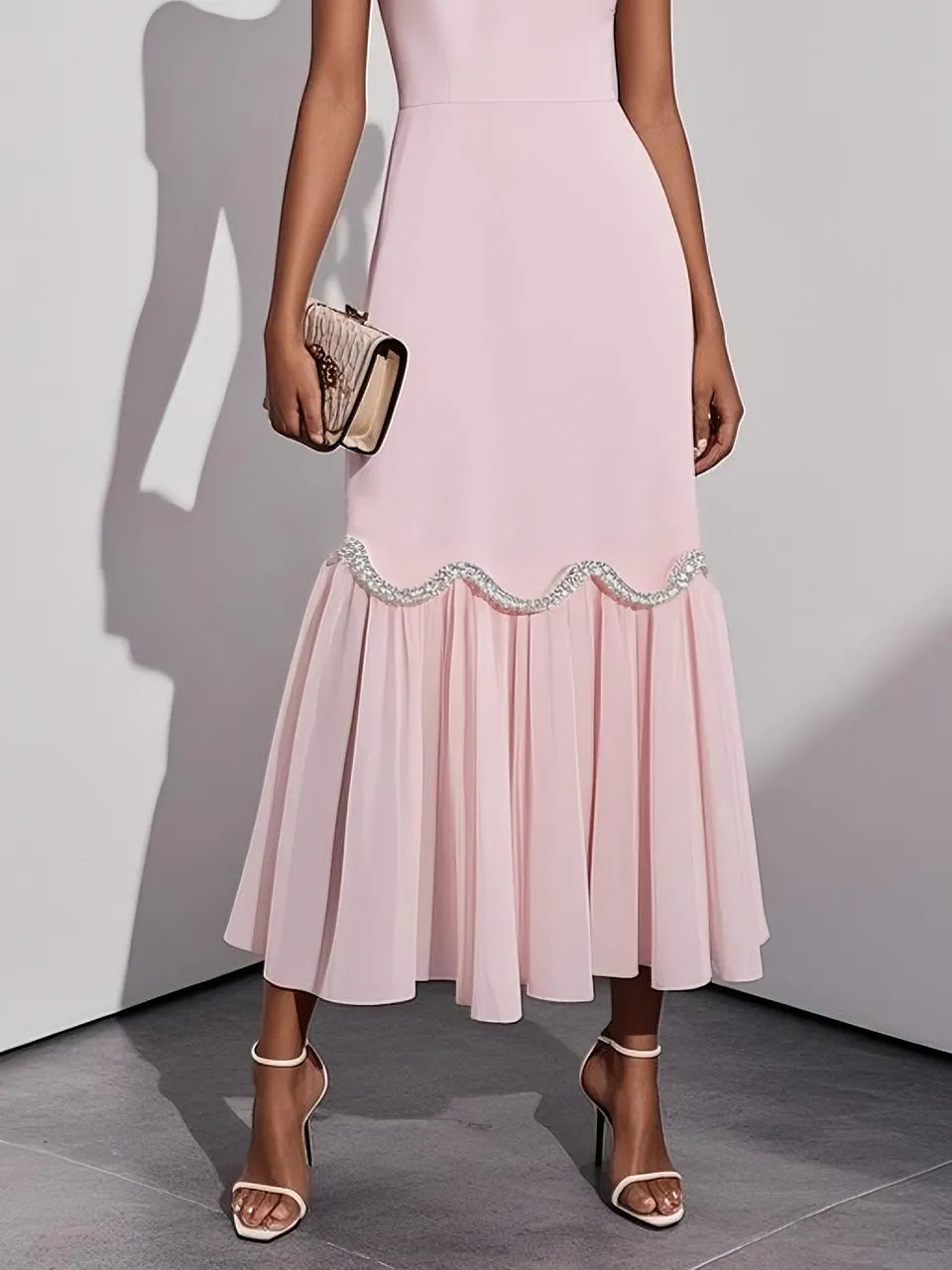 Pink Rhinestone Classic Sweetheart Neckline Sleeveless A-Line Maxi Dress