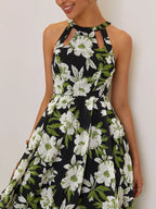Green Floral Hollow Out Chiffon Halter Crew Neck Sleeveless A-Line Maxi Dress