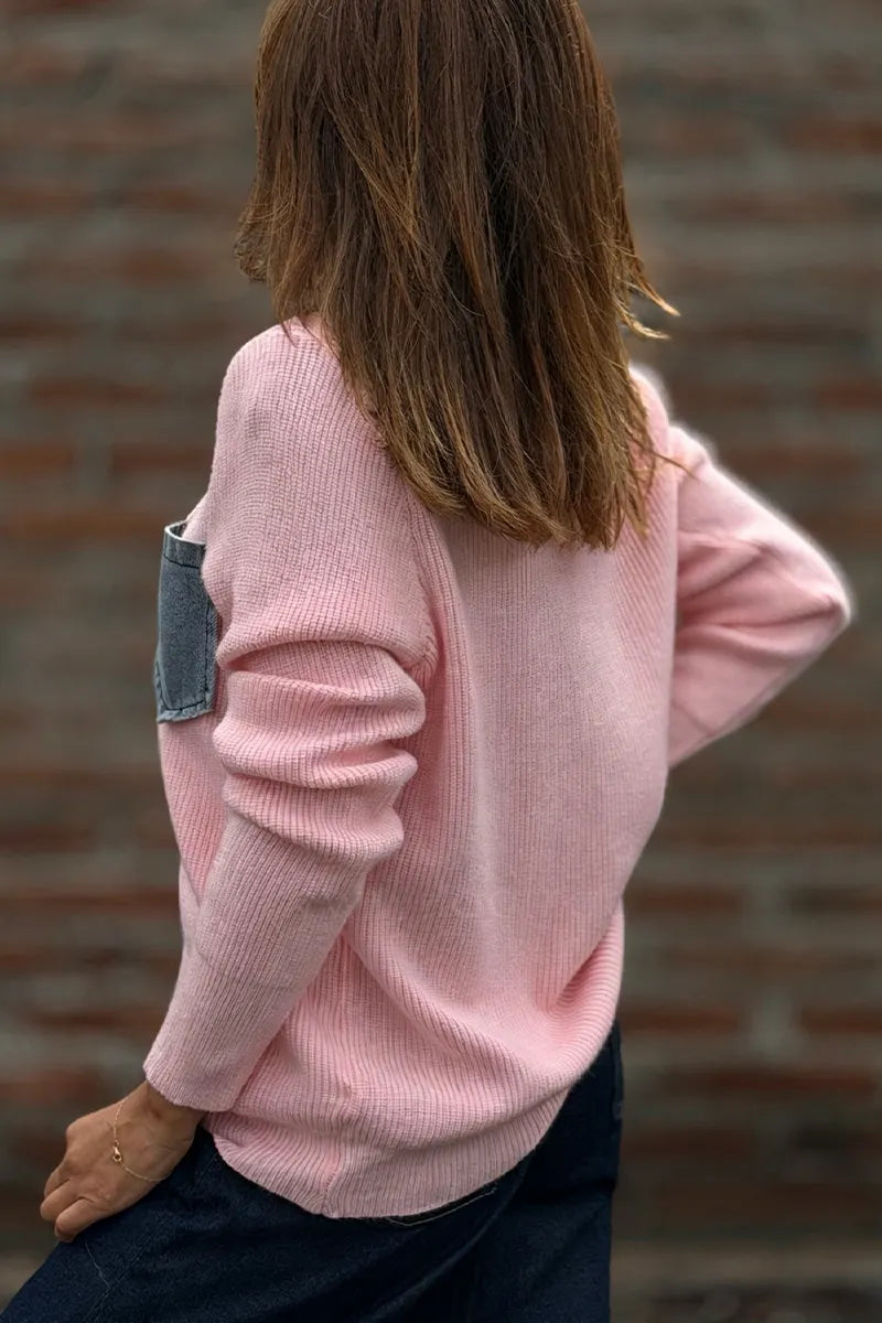 Women's Collar Denim Patchwork Casual Knit Jacket