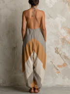Boho Chevron Colorblock Halter Backless Harem Jumpsuit