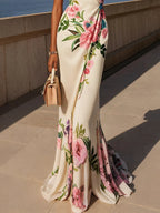 Pink Cross Floral Wrap Dress V Neck Sleeveless Mermaid Gown Dress