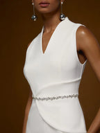 White V Neck Sleeveless Rhinestone Slit A-Line Midi Dress