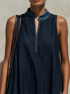 Dark Blue Denim Contrast Hem Sleeveless Maxi Dress