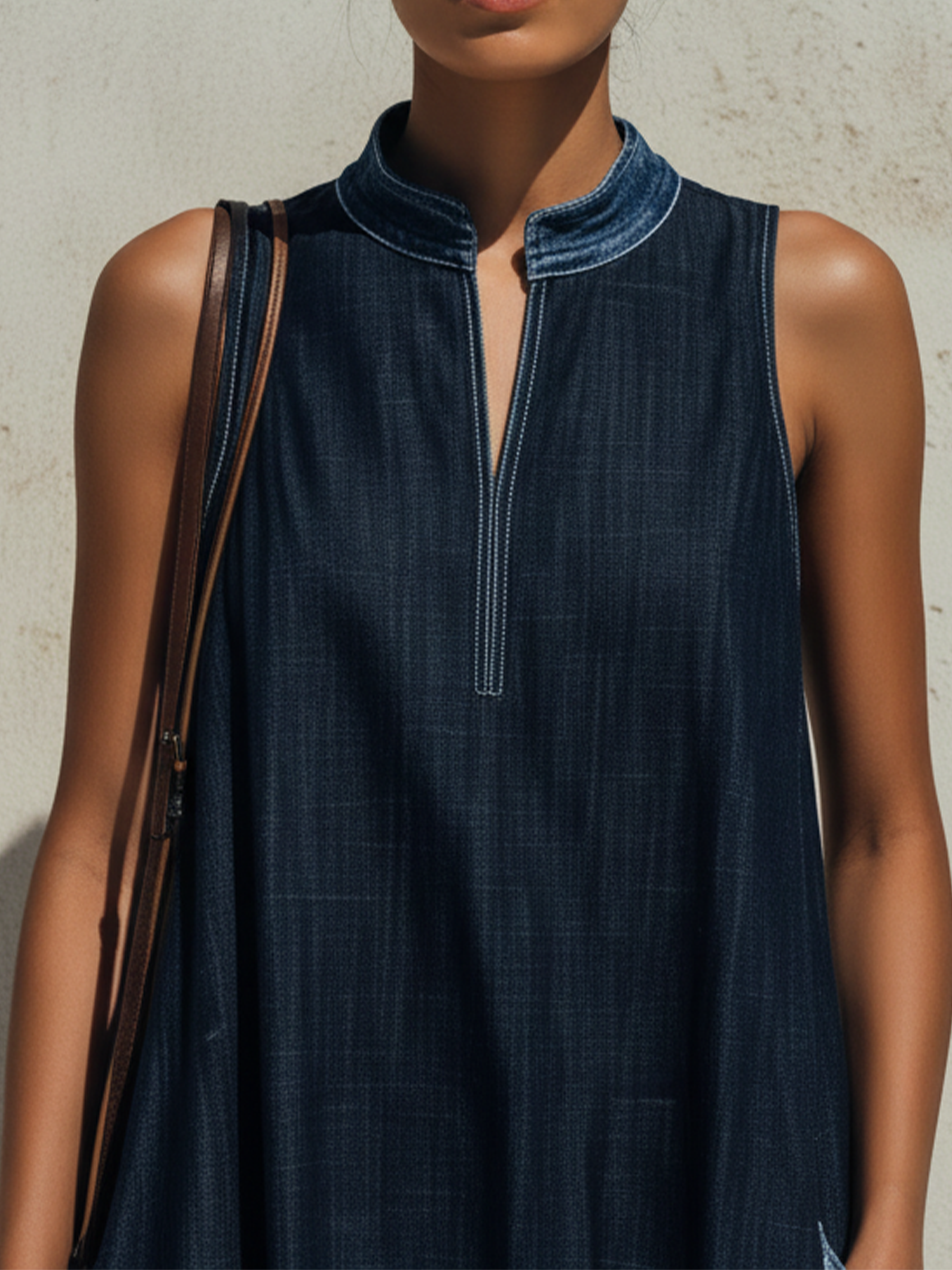 Dark Blue Denim Contrast Hem Sleeveless Maxi Dress