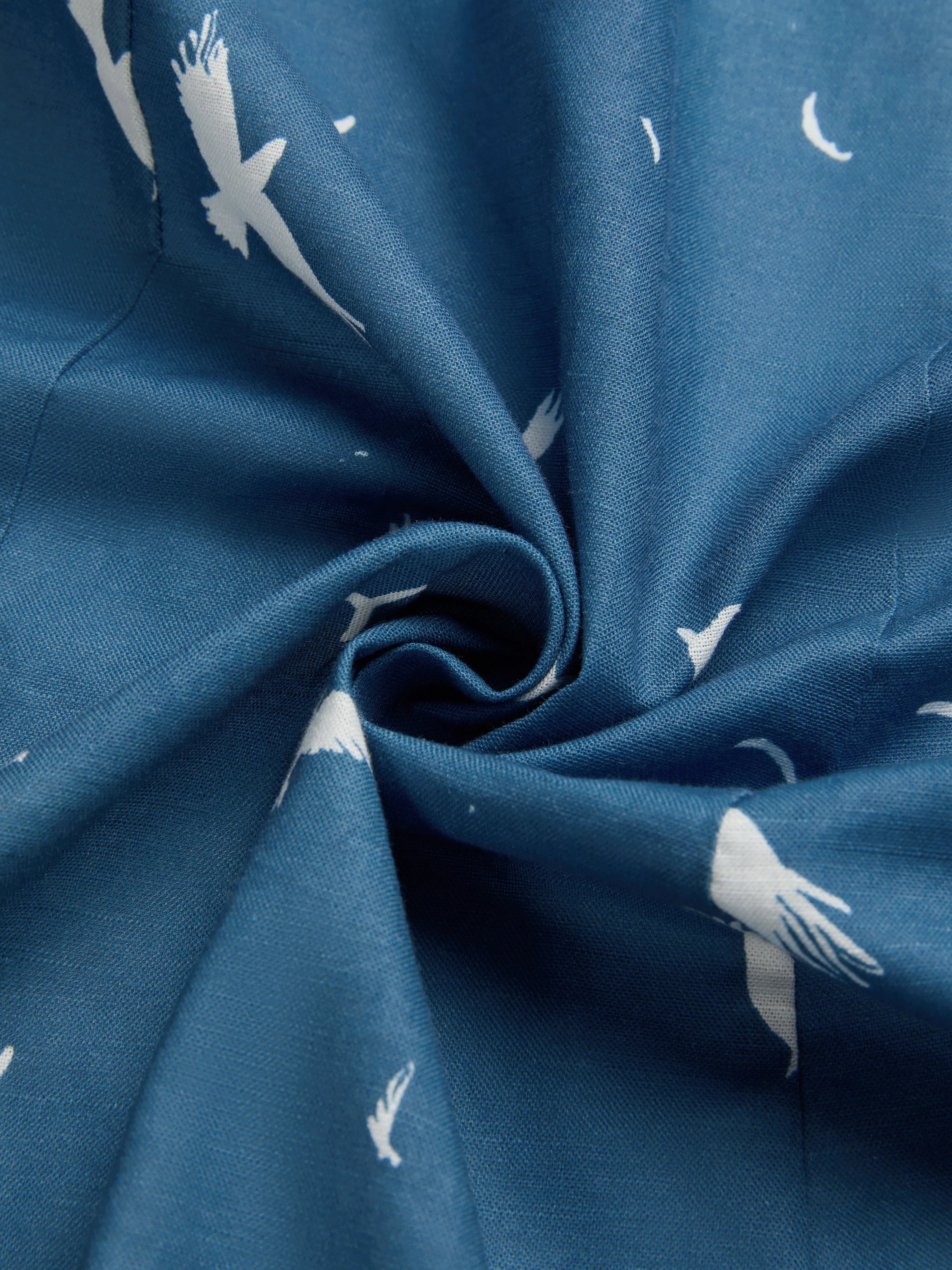 Maxi Linen Dress, Long Sleeves, Shawl Collar, Bird, Button Design, Vintage, Blue