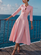 Midi Cotton Dress , Half Sleeve, V Neck, Plain, Button Design, French Vintage, Pink