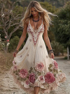 Women's Vintage Pink Flowers Embroidery Art V-neck Suspender Maxi Dress