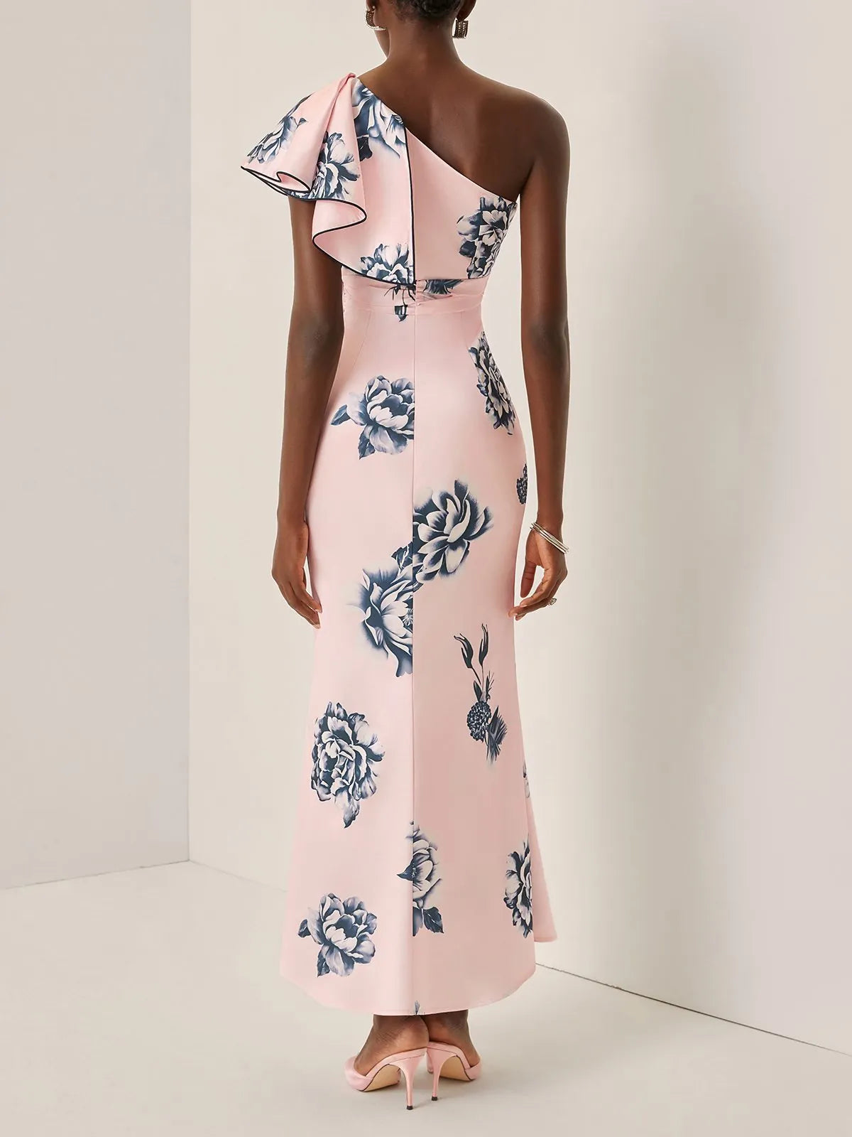 Pink Floral Satin One-Shoulder Ruffled A-Line Maxi Dress