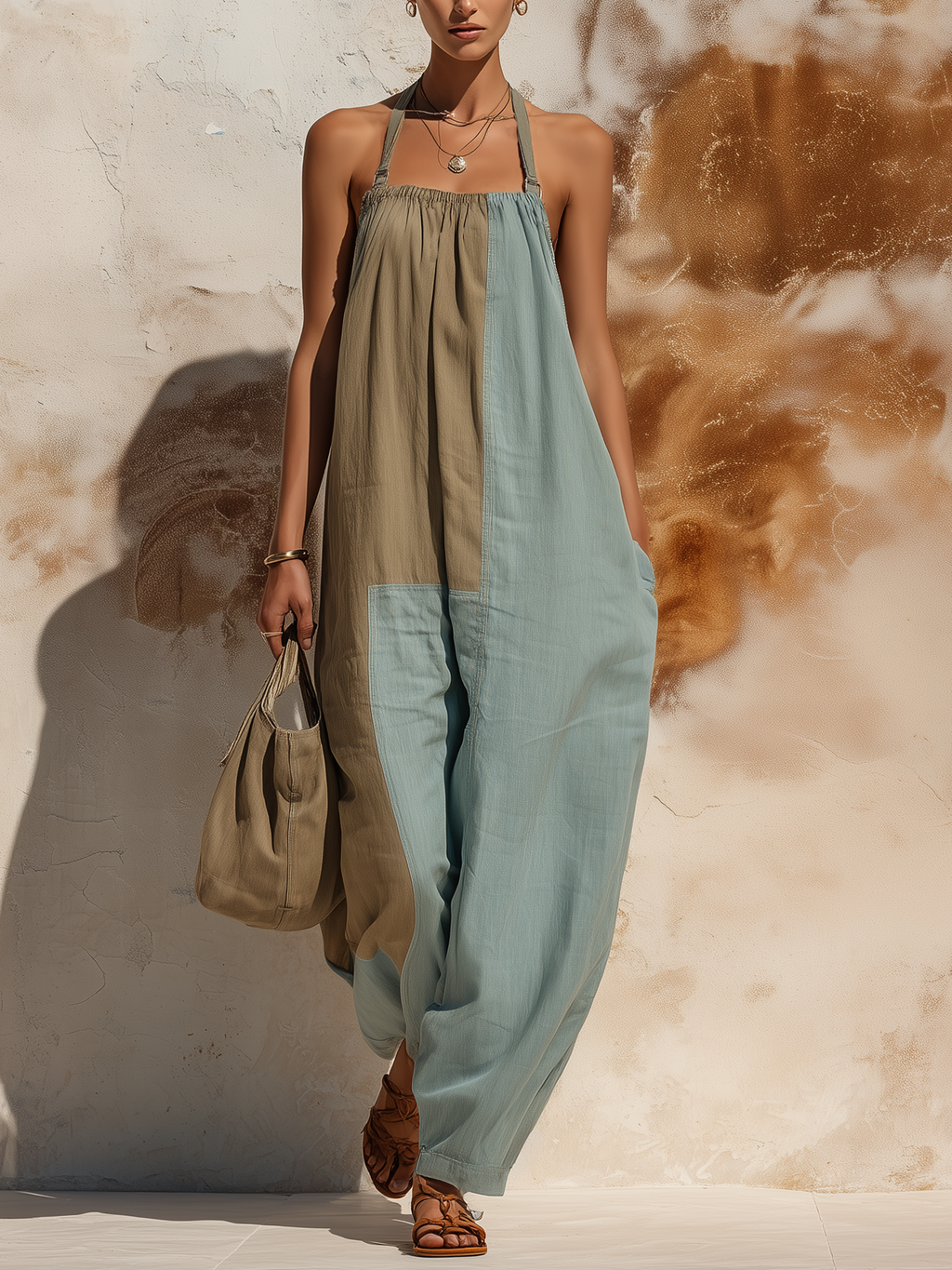 Color Block Patchwork Halter Neck Wide-Leg Jumpsuit