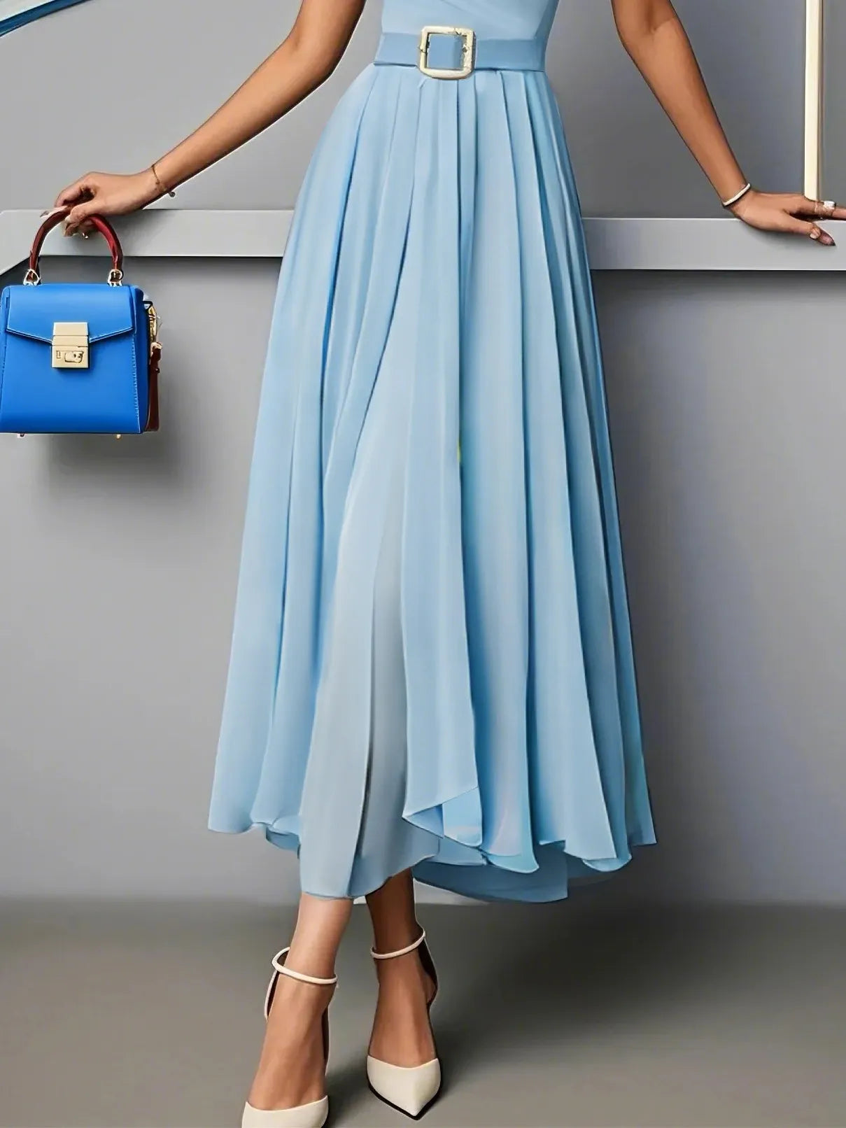 Light Blue Pleated Ruched Sweetheart Neckline A-Line Maxi Chiffon Dress