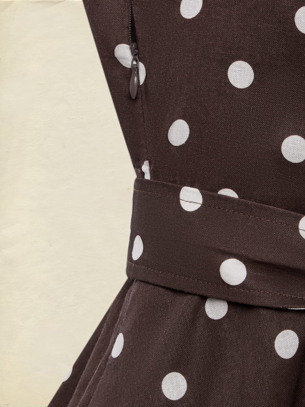 Midi Cotton Dress , Sleeveless, Shawl Collar, Polka Dots, Button Design, French Vintage, Coffee