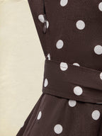 Midi Cotton Dress , Sleeveless, Shawl Collar, Polka Dots, Button Design, French Vintage, Coffee