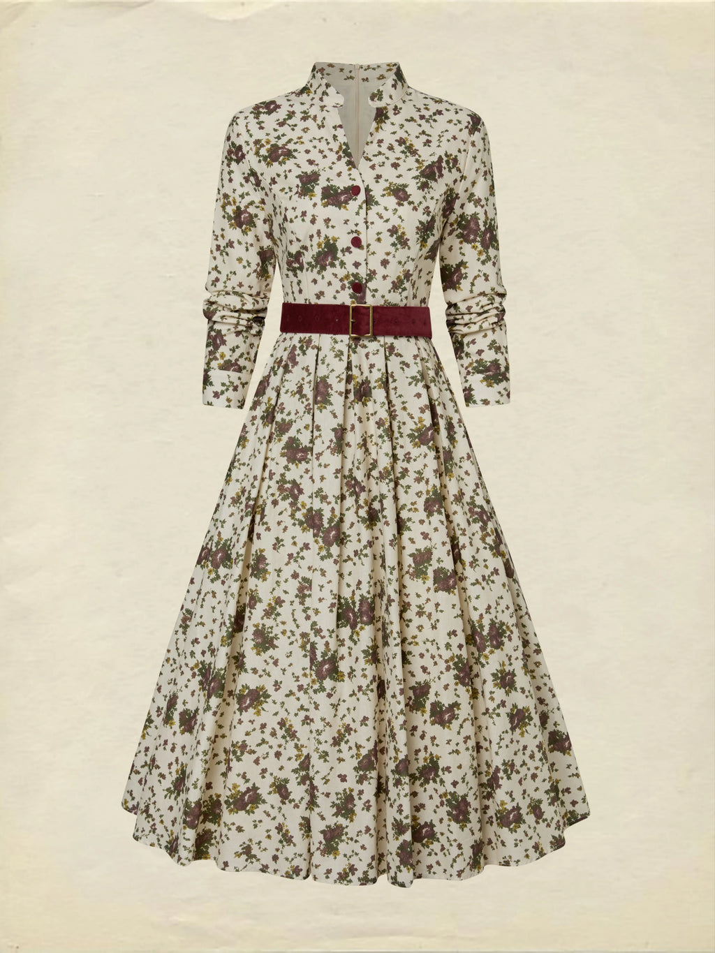 Midi Linen Dress, Long Sleeves, Shawl Collar, Floral, Belt Design, Vintage, Apricot