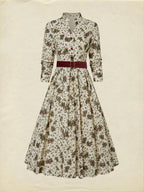 Midi Linen Dress, Long Sleeves, Shawl Collar, Floral, Belt Design, Vintage, Apricot
