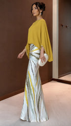Mustard Batwing Blouse & Printed Satin Mermaid Maxi Skirt Set