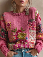 Women's Vintage Bohemian Floral Embroidery Art Cozy Knitted Sweater