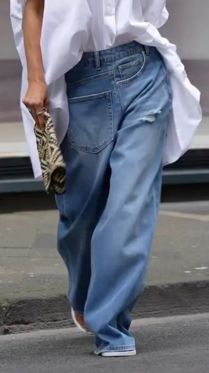 Oversized  Shirt & Distressed Wide Leg Jeans