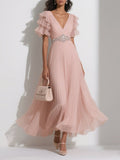Pink Pleated Rhinestone Chiffon V Neck Short Sleeve Ruffle Sleeve A-Line Maxi Dress